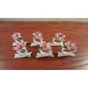 Floral Flower Napkin Rings Holders Pink Vintage Porcelain Set of 6